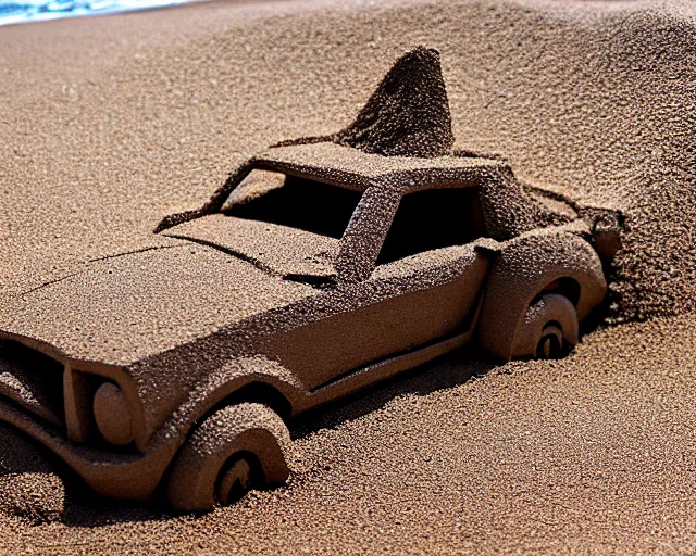 Image similar to sand sculpture of an old mustang car on a black sand beach