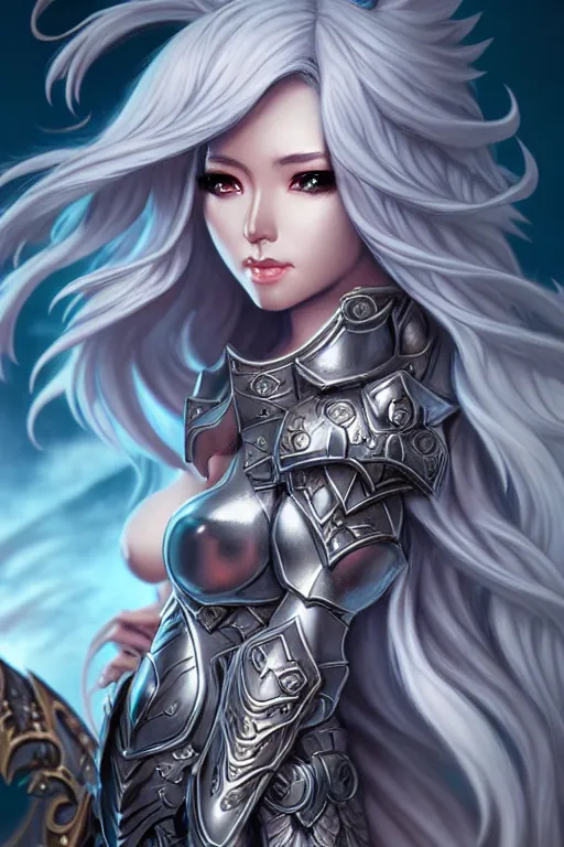 Image similar to sakimi chan, detailed face, standing, silver fantasy armor, tony sart