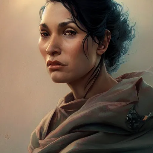 Image similar to beautiful, very strong, mixed race, female, aged 4 0, face, no makeup, head shot, fantasy, highly detailed, digital painting, artstation, concept art, smooth, sharp focus, illustration, art by brom and greg rutkowski and alphonse mucha