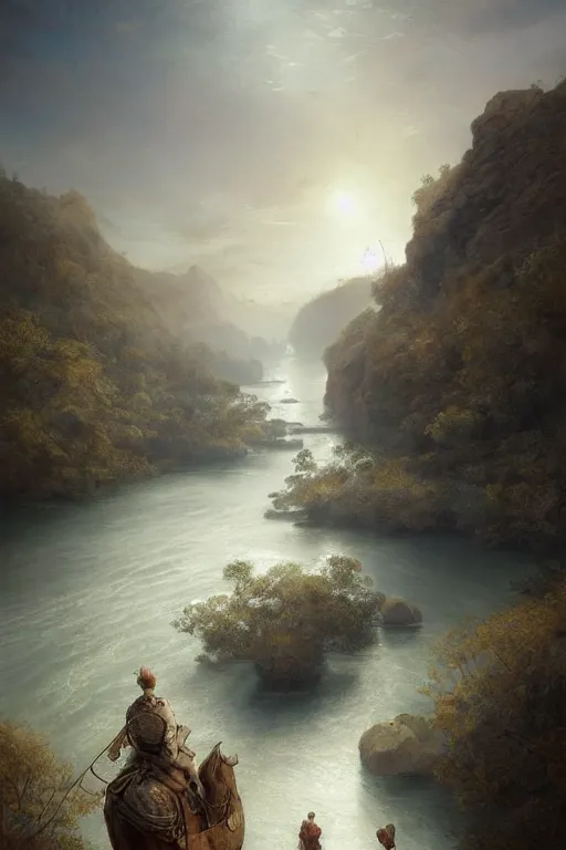 Prompt: breathtaking detailed soft painting of silver time in the sun, through rivers caresses on pepper plains, the hand of the country on my shoulder, rembrandt style, elegant, highly detailed, artstation, concept art, matte, sharp focus, art by tom bagshaw, and greg rutkowski