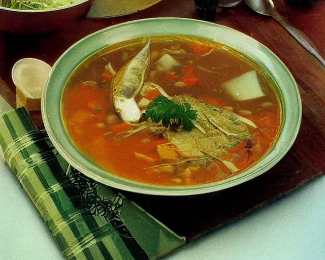 Prompt: 1970's cookbook color photograph of fish head soup sharp detail high detail