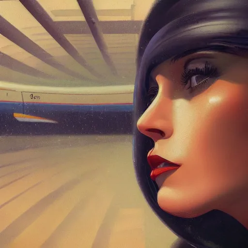 Image similar to detailed face of a woman, clockwork, moment, tectonic sky, skydome, bullet train, turbines, utopian, tech noir, wet reflections, prism, atmospheric, ambient, pj crook, syd mead, livia prima, greg rutkowski, edward hopper