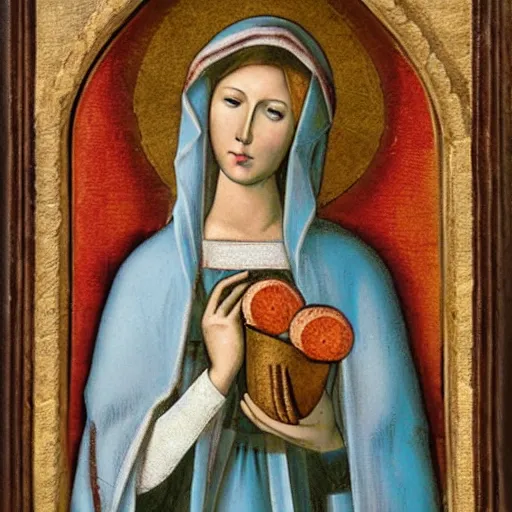 Image similar to christian art, mary holding a large pile of candy