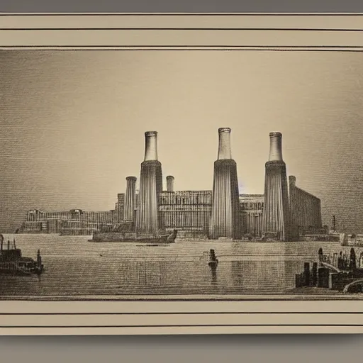 Image similar to A detailed engraving of a battersea power station in the style of gustave dore