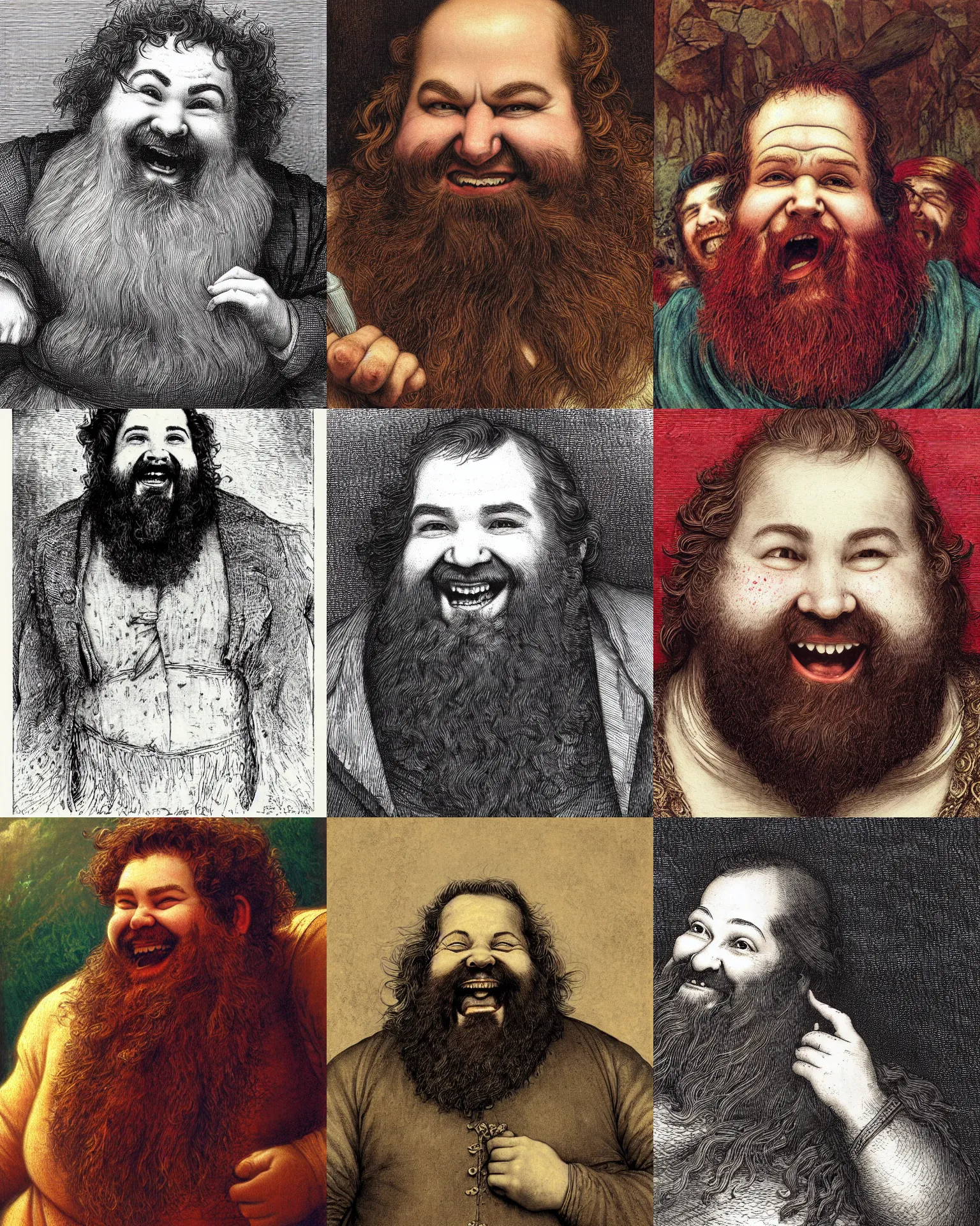 Prompt: closeup portrait of a dwarven bard, happy, laughing, rosy cheeks, red beard, freckles, art by gustave dore