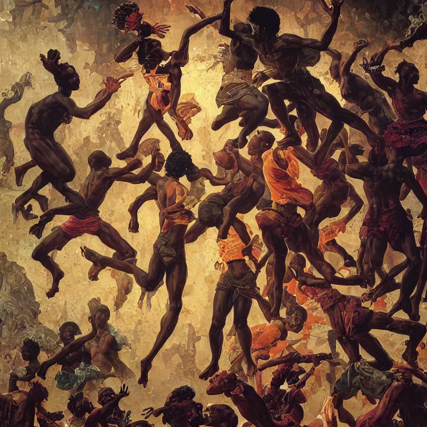 Prompt: a baroque neoclassicist close - up painting of black people jumping out of picture frames. reflective detailed textures. glowing colorful fog, black background. highly detailed fantasy science fiction painting by moebius, norman rockwell, frank frazetta, and syd mead. rich colors, high contrast. artstation
