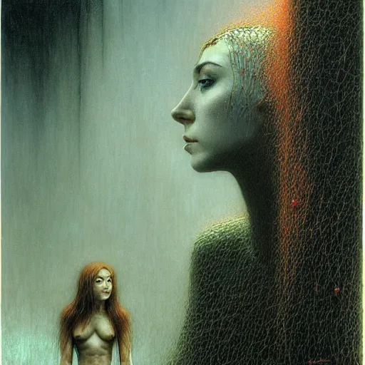 Prompt: 2 0 years old alyson hannigan with short hairs by beksinski, luis royo