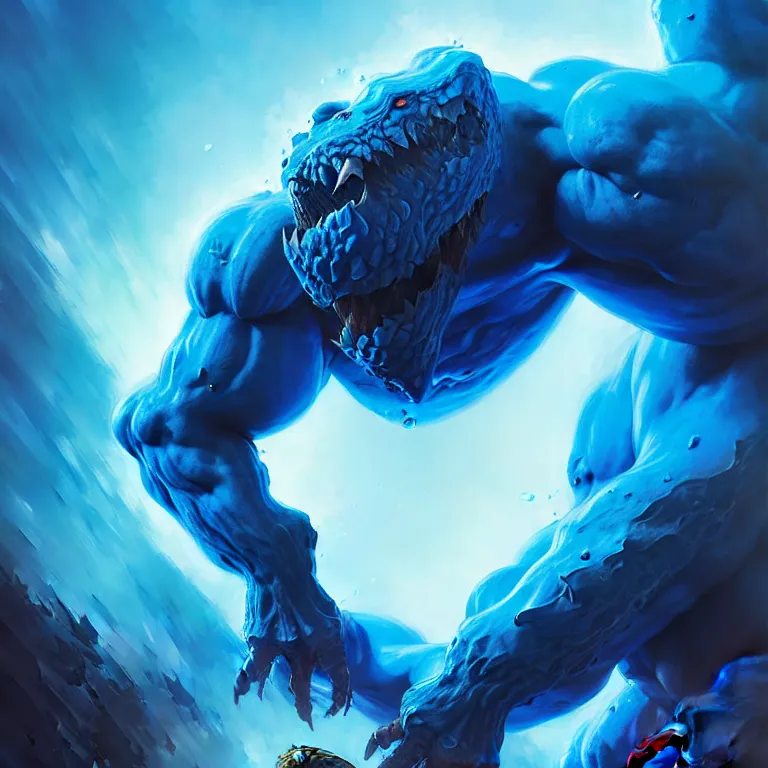 Prompt: a giant blue beast bursting out of the ground ready to attack; detailed, best on artstation, raymond swanland, magic the gathering, epic, stunning, masterpiece