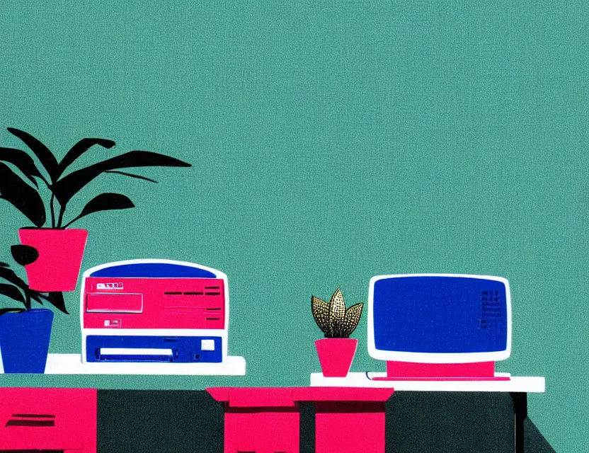 Prompt: 1 9 5 0 s risograph print of a retro computer on a desk next to a potted plant with a window and candle, in shades of mint, red, and faded blue, double - exposure, grainy