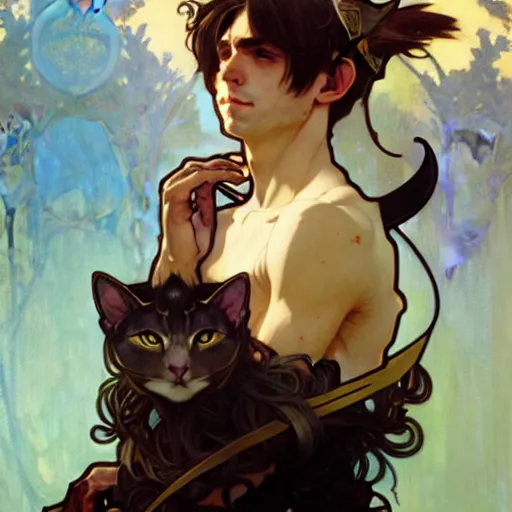 Image similar to Portrait of a pretty fantasy catboy with cat ears. Art by Greg Rutkowski and Alphonse Mucha