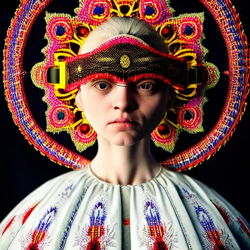 Image similar to Colour Caravaggio style full body portrait Photography of Highly detailed beautiful Woman wearing detailed Ukrainian embroidery folk costume designed by Taras Shevchenko with 1000 years perfect face wearing highly detailed retrofuturistic VR headset designed by Josan Gonzalez. Many details In style of Josan Gonzalez and Mike Winkelmann and andgreg rutkowski and alphonse muchaand and Caspar David Friedrich and Stephen Hickman and James Gurney and Hiromasa Ogura. Rendered in Blender and Octane Render volumetric natural light