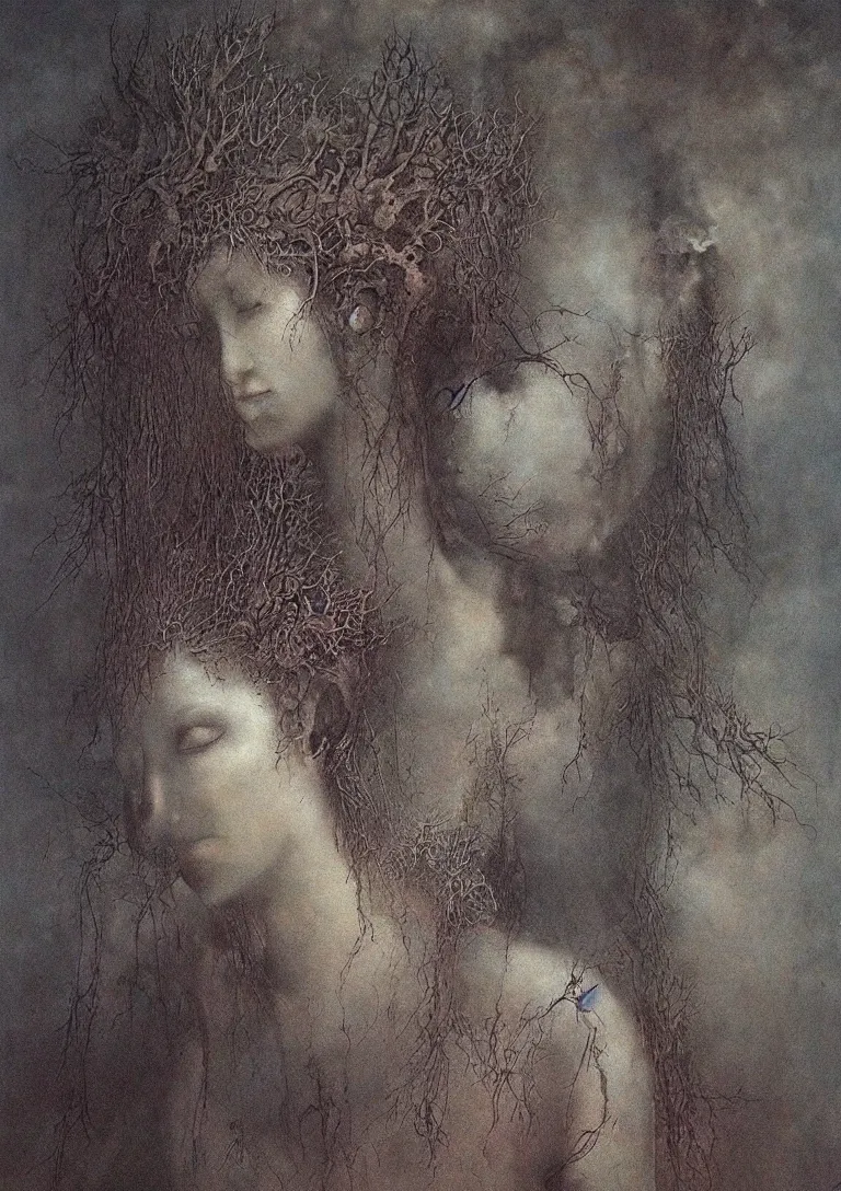 Prompt: goddess of dreams in the style of beksinski, detailed, beautiful, haunting