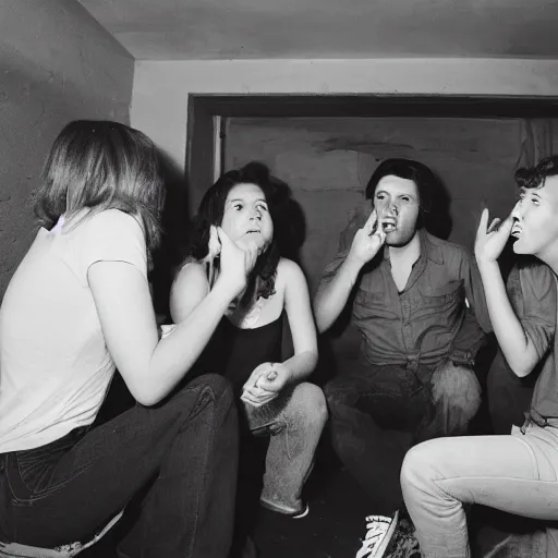 Image similar to A Group of Friends having a moment of nostalgia in their cramped basement, 90s Film Photo, Flash Photography, 40mm lens, Award Winning, 8k Film Scan