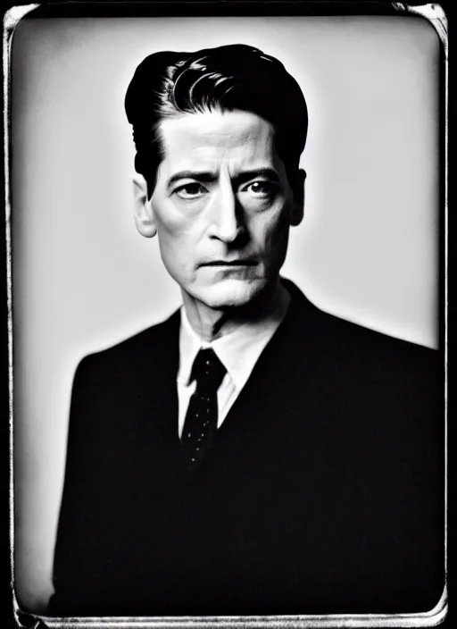 Image similar to tintype photograph of agent dale cooper from twin peaks in the red room, old, grainy, ominous, black and white