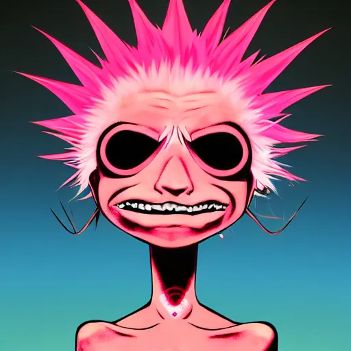 Image similar to a pink punk rock rapper alien with black spiked hair, an airbrush painting by Jamie Hewlett, cgsociety, symbolism, antichrist, aesthetic, 8k