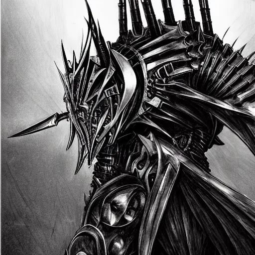 Image similar to armored sauron by tsutomu nihei, biomechanical, profile portrait, 4 k, wide eyes, hyper detailed, hyperrealism, anime