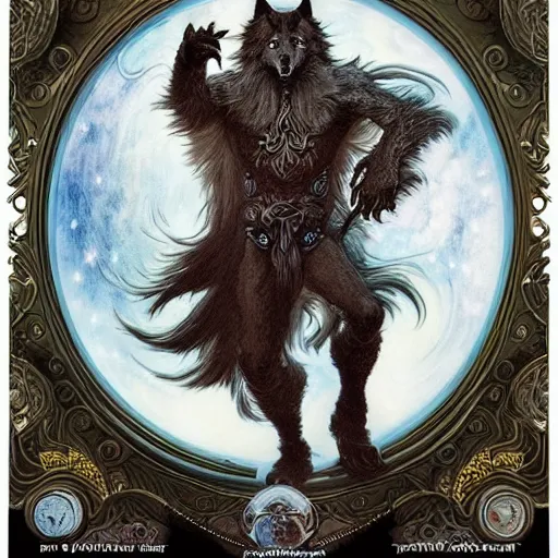 Image similar to portrait of werewolf made with porcelain by Jeff Easley and Peter Elson + beautiful eyes, beautiful face + symmetry face + border and embellishments inspiried by alphonse mucha, fractals in the background, galaxy + baroque, gothic, surreal + highly detailed, intricate complexity, epic composition, magical atmosphere + masterpiece, award winning + trending on artstation