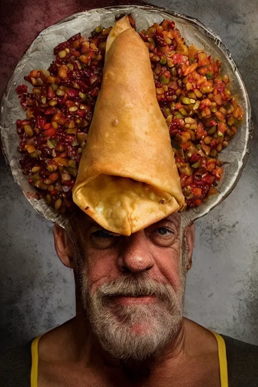 Prompt: 📷 j k simmons the samosa, made of food, head portrait, dynamic lighting, 4 k