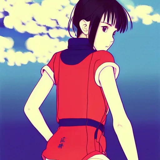 Image similar to a beautiful! boyish! natalie portman alluring gravure! model, wearing hip hop mayan bomber jacket and leotard with native style overalls, bulky poofy bomber jacket with mayan patterns, guilty gear art style, trending on pixiv, painted by makoto shinkai takashi takeuchi studio ghibli, akihiko yoshida