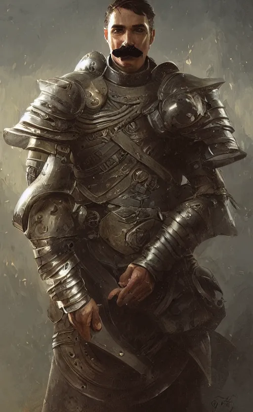 Prompt: Portrait of a man with a moustache wearing medieval armor, male, detailed face, fantasy, highly detailed, cinematic lighting, digital art painting by greg rutkowski