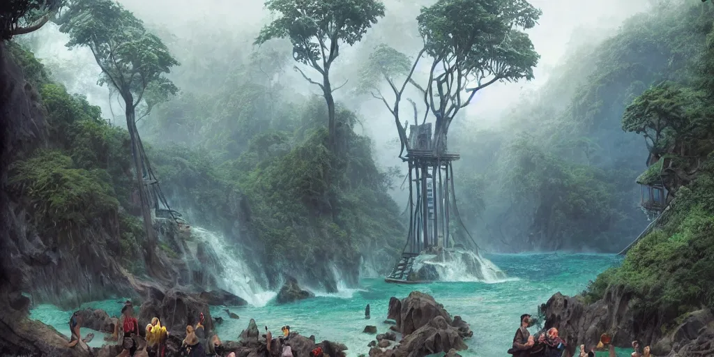 Image similar to jungle rainforest cliffs with treehouse village. tiered catwalks and rope bridges. wooden cabins. foggy valley and mountains fading into the distance, at sunset. waterfalls. neverland. peter pan kids wearing war paint and headdresses, standing on the rope bridges. swimming in basalt lagoon. magic the gathering card art by greg rutkowski.