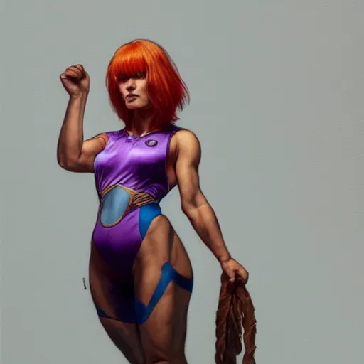 Image similar to full figure ultra realistic illustration, extremely tall female wrestler with orange hair with bangs wearing a purple costume, intricate, elegant, highly detailed, digital painting, artstation, concept art, smooth, sharp focus, illustration, art by artgerm and greg rutkowski and alphonse mucha