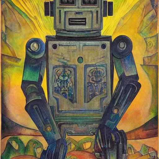 Image similar to robot seizes the forest throne, by Annie Swynnerton and Diego Rivera, symbolist, dramatic lighting, elaborate geometric ornament, tattoos, Art Brut, soft cool colors,smooth, sharp focus, extremely detailed