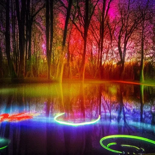 Image similar to photography at night of an ethereal pond, a central sunlight glare, mystical lights, cyber futuristic lights in the sky, masterpiece, epic, cinematic, hyperealistic photo, high detailed, red flashlight at night