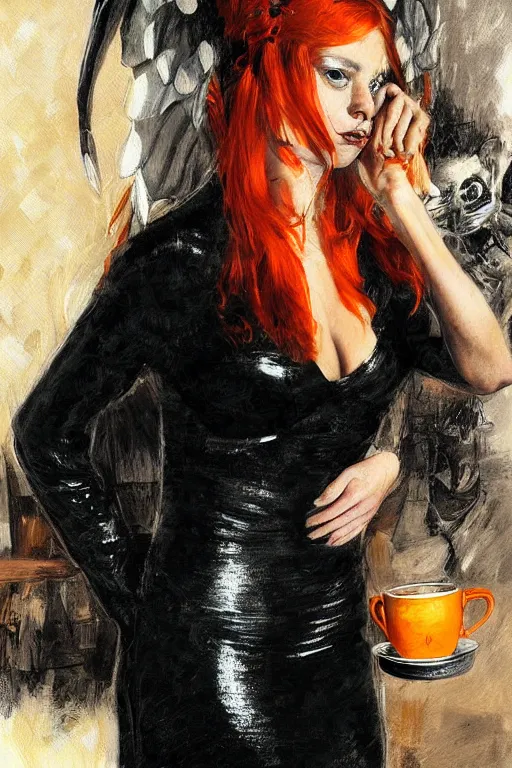 Prompt: painting in style of james gurney, very young, demon of coffee, the extremely hot and sexy, shiny black dress, long red hair, freckles, orange halo around her head, black wings, huge cup of coffee