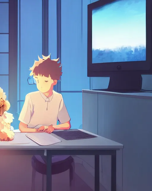 Image similar to a boy and a goldendoodle dog are sitting at a desk in front of a bright computer screen in a bedroom by night, anime concept art, illustrated by Makoto Shinkai, 4k