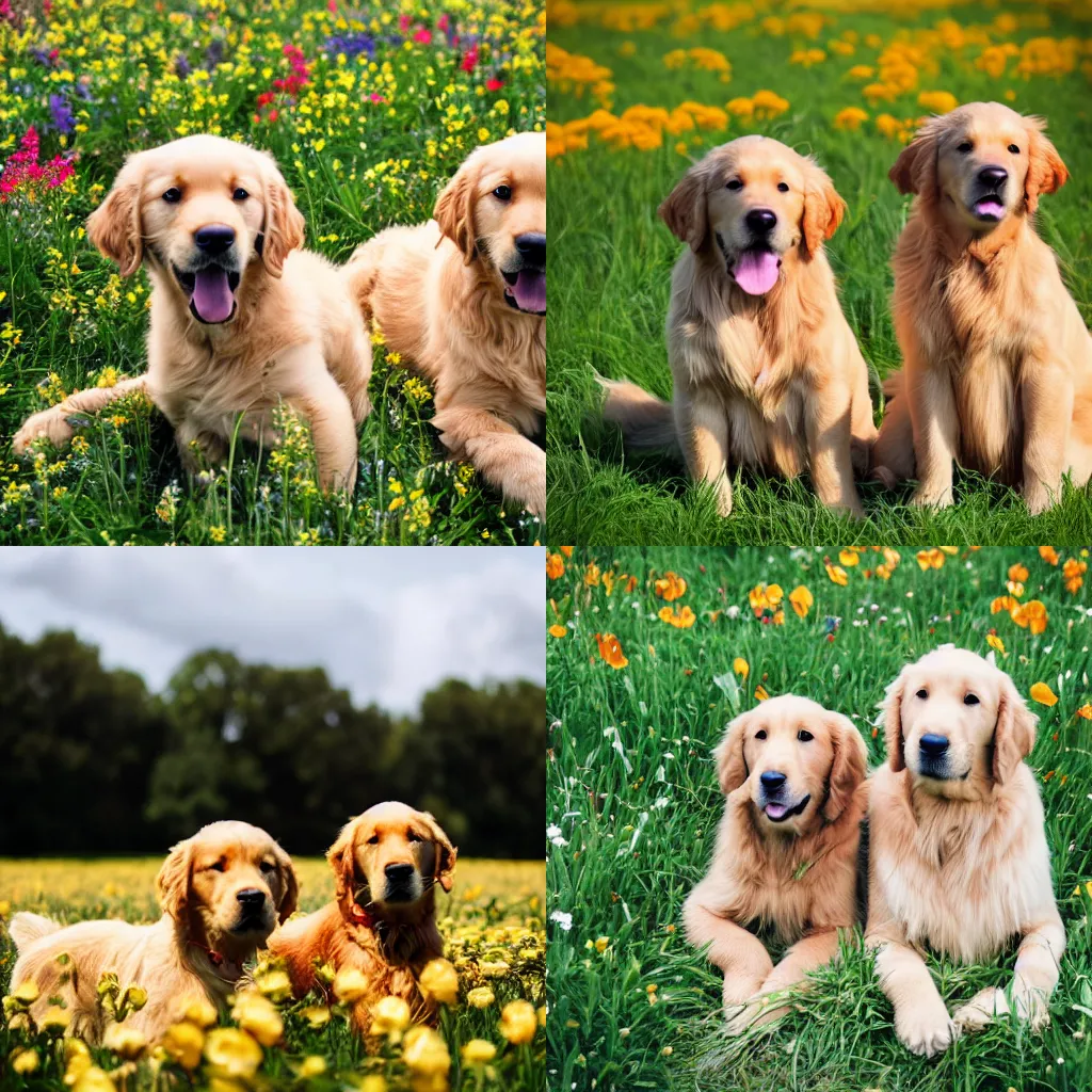 Prompt: two golden retriever puppies sitting in a field of flowers, a stock photo by louisa puller, trending on pexels, color field, stock photo, quantum wavetracing, 8 k resolution