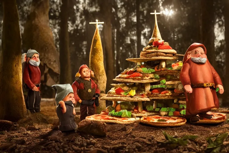 Prompt: movie scene portrait closeup, real life team of tiny gnome people building a tiny cathedral made of pizza in the forest neon lighting by emmanuel lubezki