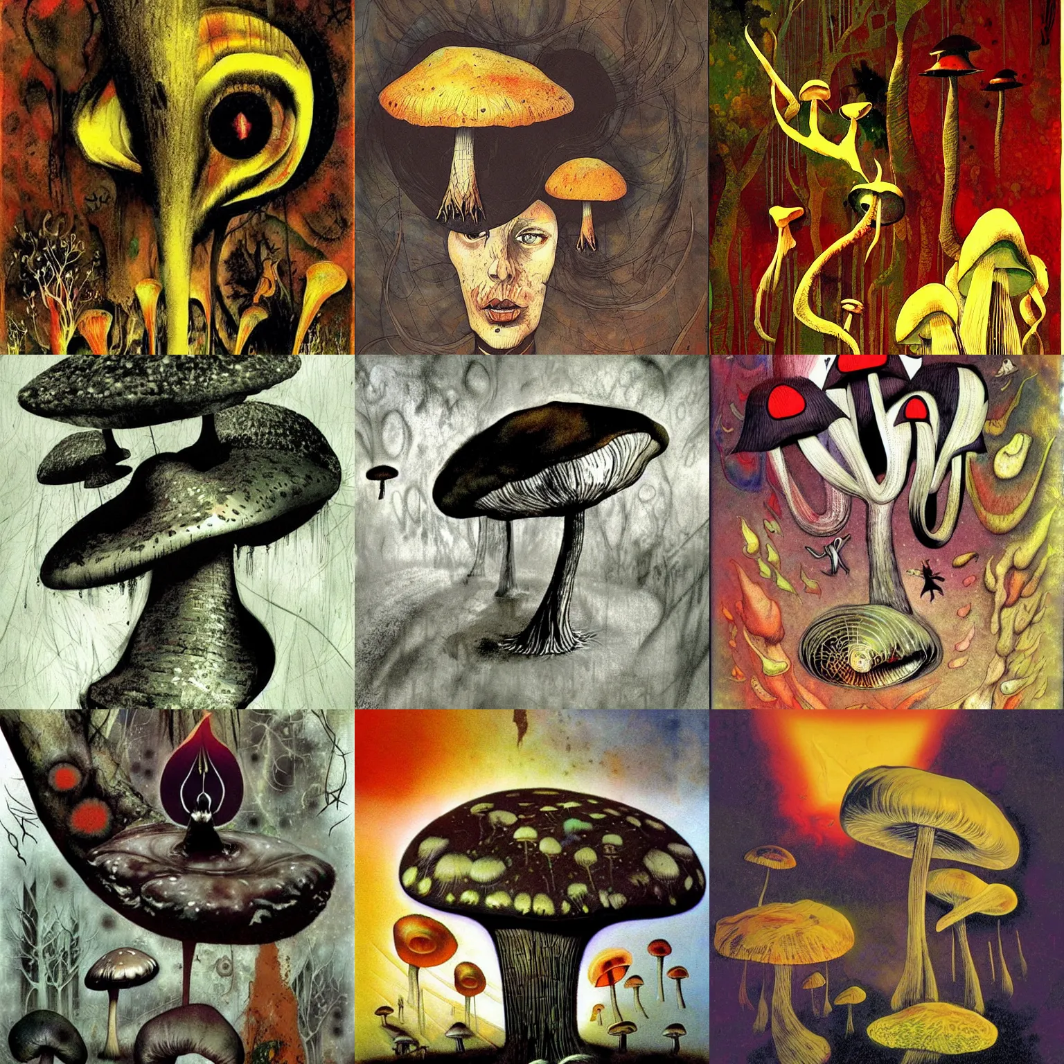 Image similar to psychedelic mushrooms psilocybin dream, no fears, okay one fear, by dave mckean