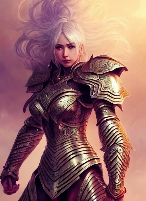 Image similar to warrior, intricate ornate opal heavy armor!!! beautiful and athletic white hair female!! gorgeous face and eyes!! character concept art, sharp focus, octane render! unreal engine 5! highly rendered!! trending on artstation!! detailed linework!! illustration by artgerm, wlop, and chie yoshii