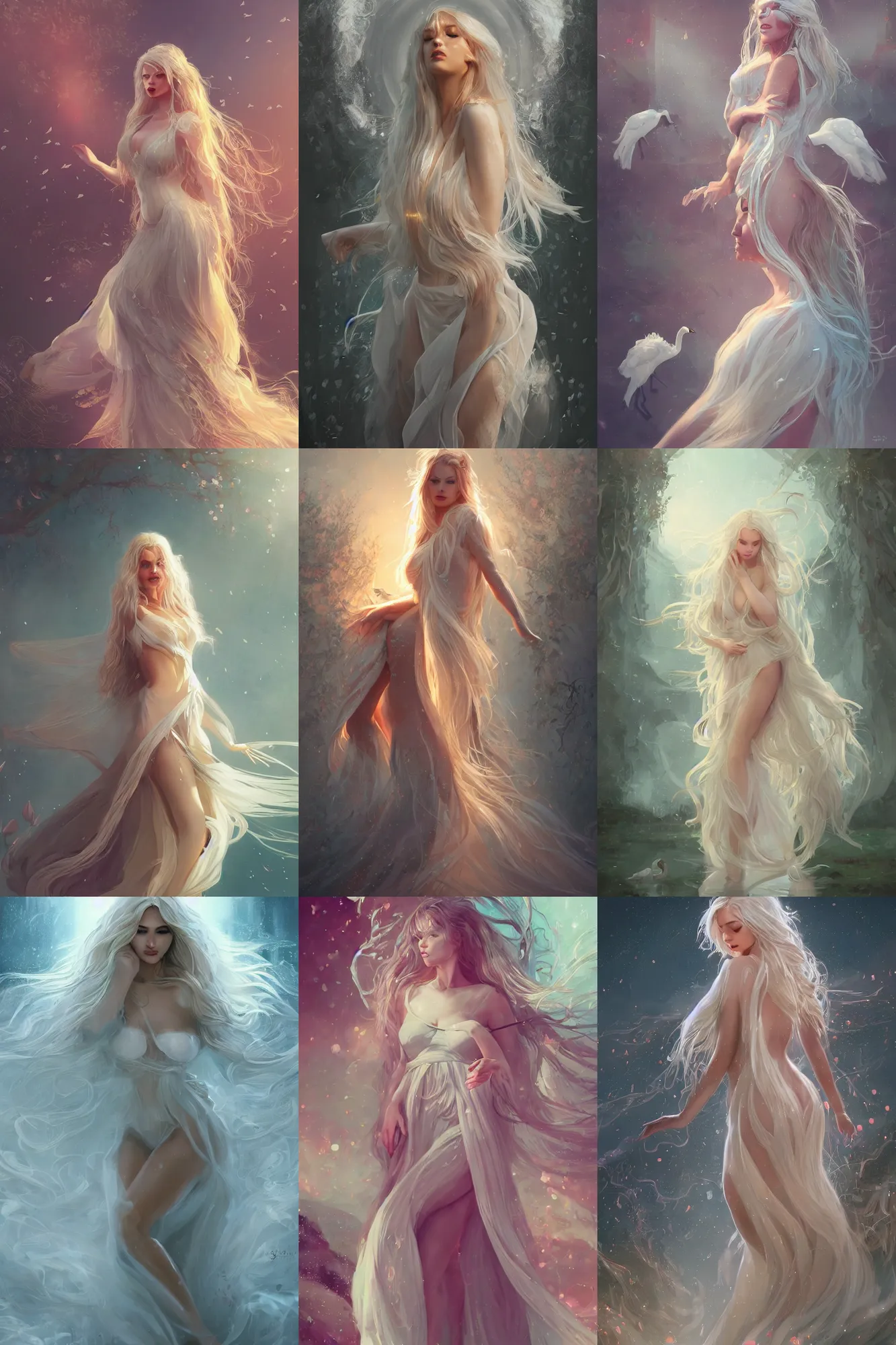 Prompt: A beautiful woman with curvaceous body and long white hair, surrounded by swans, wearing a long flowy fabric, cinematic lighting, soft bokeh, sci-fi, modern, colourful, highly detailed, digital painting, artstation, concept art, sharp focus, illustration, by WLOP