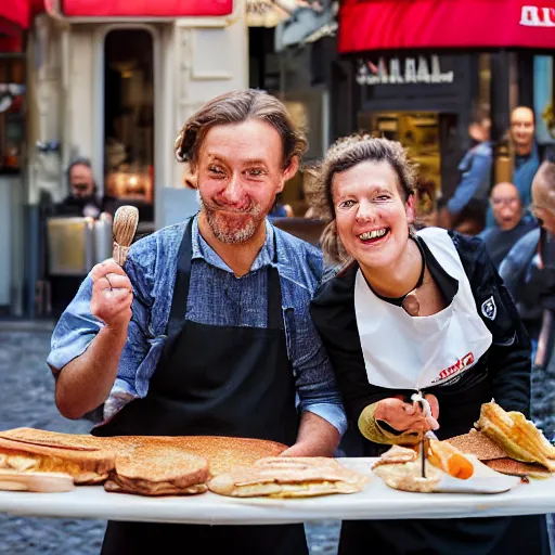 Image similar to closeup portrait of dutch chefs impressing the French people with superior pancakes in a street in Paris, by Steve McCurry and David Lazar, natural light, detailed face, CANON Eos C300, ƒ1.8, 35mm, 8K, medium-format print