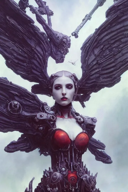 Prompt: Portrait of beautiful pale warhammer 40000 goth girl with mechanical wings, dark fantasy, digital illustration, intricate, highly detailed, smooth, artstation, painted by Wayne Barlowe and Greg Rutkowski and zdislav beksinski and Ruan Jia and Mandy Jurgens and Artgerm and william-adolphe bouguereau