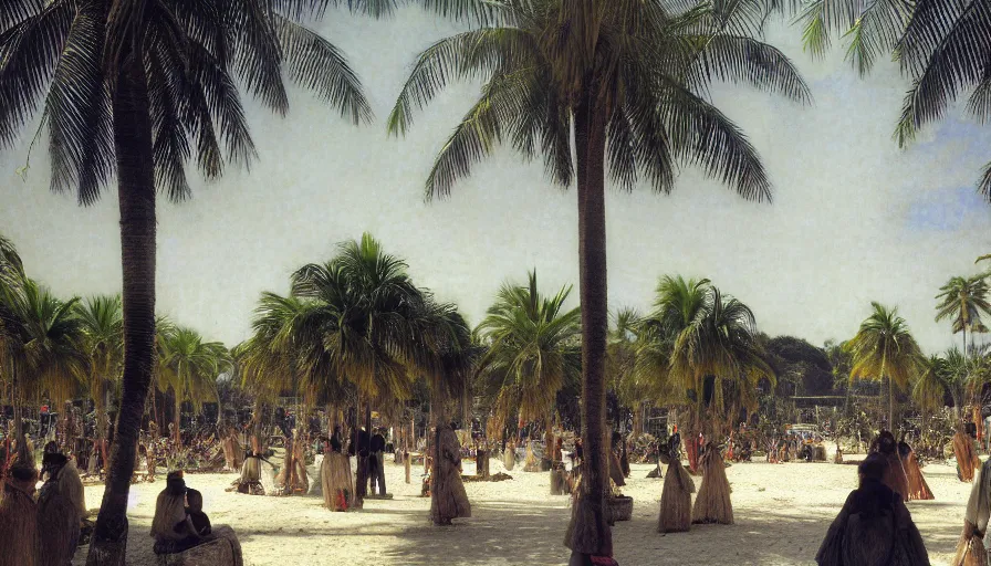 Image similar to a ultradetailed beautiful photo of hundreds of people in the amazonas palace designed by jules bastien - lepage, hans belmer, frank weston and gustave baumann, beach, trending on artstation, mediterranean, palm trees, light sparkles, sharp focus, soft light, 8 k 4 k