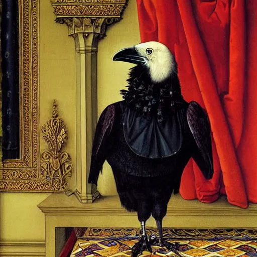 Image similar to a highly detailed painting of a raven dressed as an elegant tudor gentleman, in a richly decorated room, by hans holbein