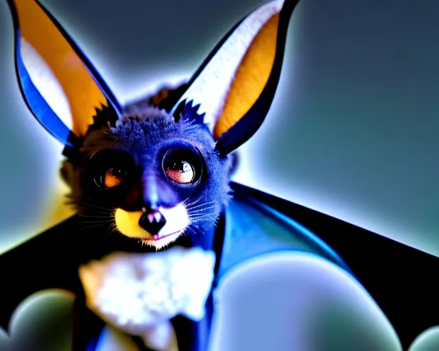 Image similar to a blue - and - black male catbat fursona with blue / green heterochromatic eyes ( differently - colored eyes, one eye green, one eye blue ) and huge bat ears, photo of the catbat streaming on his computer