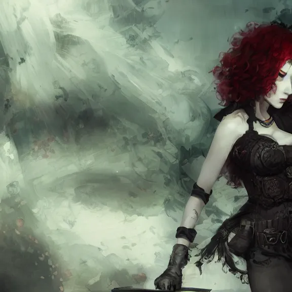 Image similar to christina hendricks!!! goth, tankoban, 4 k, tone mapping, akihiko yoshida, james jean andrei riabovitchev marc simonetti, yoshitaka amano, long hair, curly, h. hydrochaeri