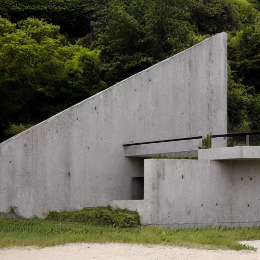 Prompt: art gallery, brutalist architecture, next to the beach, built by Le Corbusier