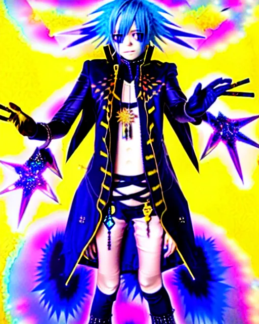 Prompt: a hologram of rimuru tempest with golden yellow eyes and sky blue hair, wearing a gothic spiked jacket, holography, irridescent, baroque visual kei decora art