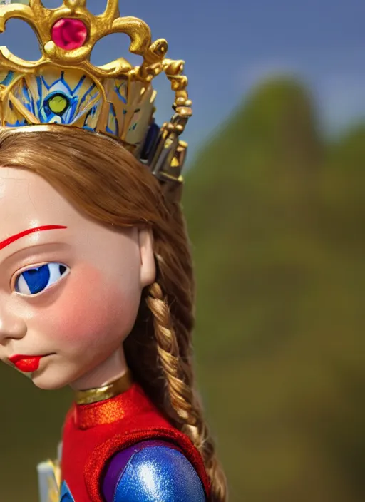 Image similar to closeup face profile portrait of a tin toy greta thunberg as supergirl as a fairytale princess wearing a crown, bikini, depth of field, zeiss lens, detailed, fashion photoshoot, by nicoletta ceccoli, mark ryden, lostfish, breathtaking, 8 k resolution, extremely detailed, beautiful, establishing shot, artistic, hyperrealistic, octane render