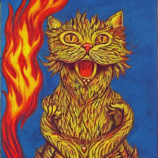 Prompt: a cat with fire in her claws, louis wain, fantasy art