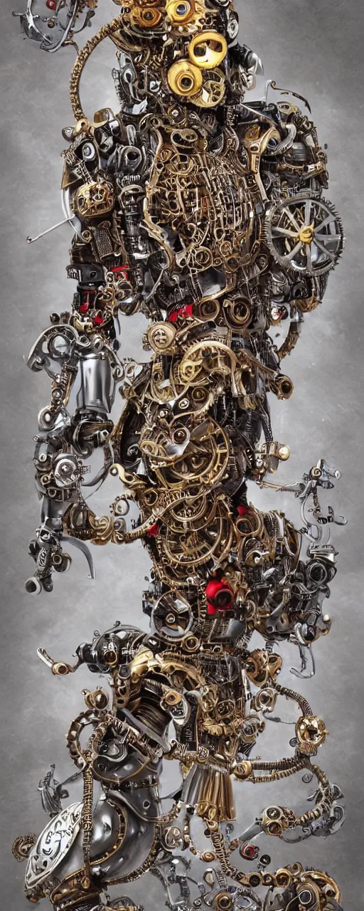 Prompt: full body portrait of a steampunk sci-fi cyborg pirate bionic man, third person, D&D, sci-fi fantasy, cogs and springs and jewels, intricate, gold with black and red fringe highlights, highly detailed, art by Range Murata, highly detailed, 3d, octane render, bright colors, digital painting, trending on artstation, sharp focus, illustration style of Stanley Artgerm, dramatic cinematic background