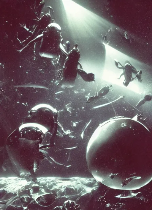 Image similar to astronauts in dark and empty void underwater - complex and dynamic composition. reflection and dispersion materials. rays and dispersion of light. volumetric light. 5 0 mm, f / 3 2. noise film photo. flash photography. ultra realistic, motion blur poster by wayne barlowe, hajime sorayama aaron horkey, craig mullins. dark key.