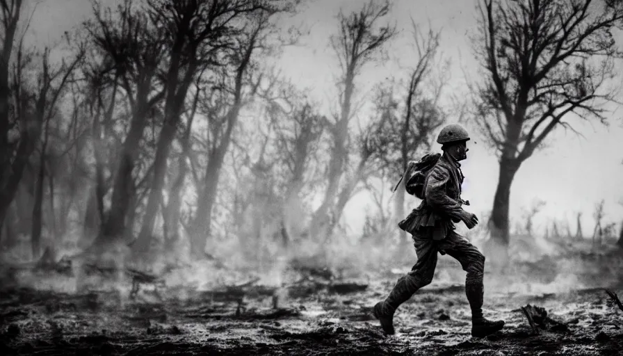 Image similar to screaming World War 1 soldier running across No Mans Land, wartorn landscape, lots of mud puddles and craters, burnt and broken trees, dirty lens, cinematic lighting, IMAX cinematography, 35mm