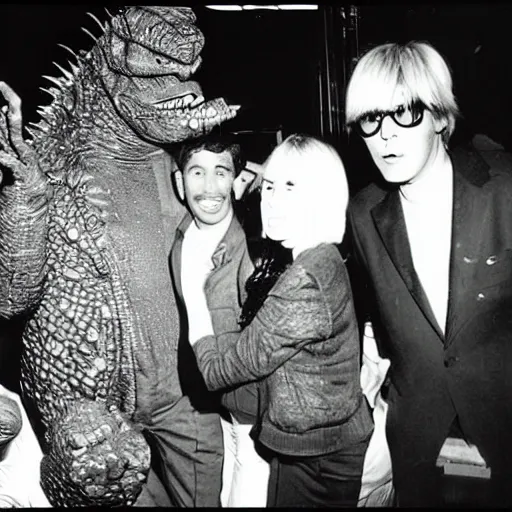 Image similar to godzilla partying at studio 5 4 b & w grainy photograph lots of celebrities including andy warhol