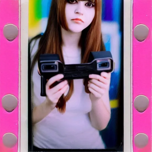 Prompt: cute sexy emo young woman polaroid selfie taken at an arcade. short hairstyle, perfectly symmetrical cute face 4 k extreme detail nostalgic